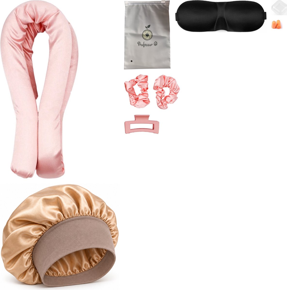 Professor Q Heatless Curls Set - Heatless Curlset met 2 Elastiekjes en Klem - Bonnet Goud - Slaapmasker Zwart