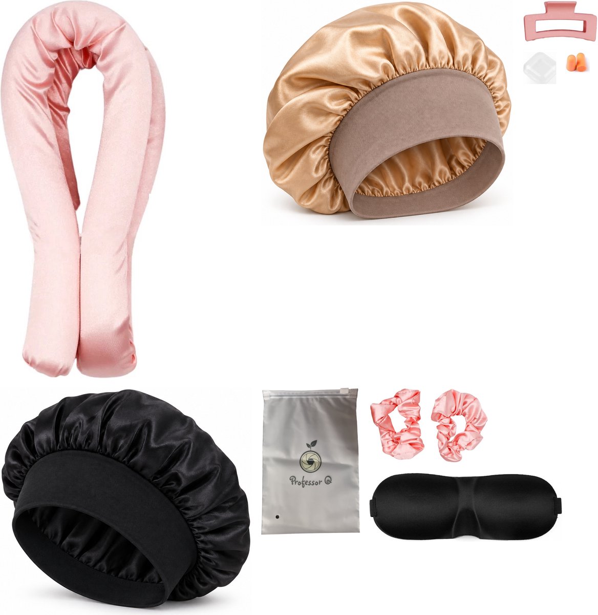 Professor Q Heatless Curls Set - Heatless Curlset met 2 Elastiekjes en Klem - Bonnet Zwart - Bonnet Goud - Slaapmasker Zwart