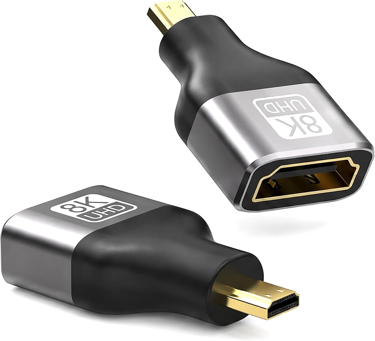 2-pack Micro HDMI naar HDMI 2.1 Adapter 8K@60Hz/4K@144Hz - Compatibel met Camera, Laptop, Raspberry Pi 4/5, GoPro, DSLR (Aluminium Behuizing, Verguld Contacten)