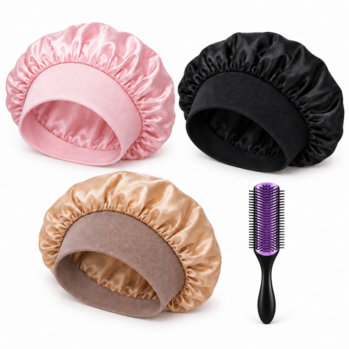 Professor Q Haarverzorgingsset - Bonnet Roze - Bonnet Zwart - Bonnet Goud - Purple Black Borstel