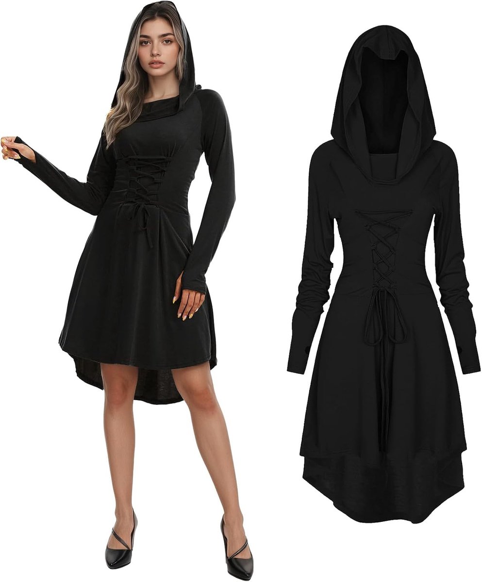 Middeleeuwse jurk voor dames, renaissance, met capuchon, lange mouwen, retro kostuum, elfenkostuum voor dames, cosplay, Halloween, carnavalskostuum