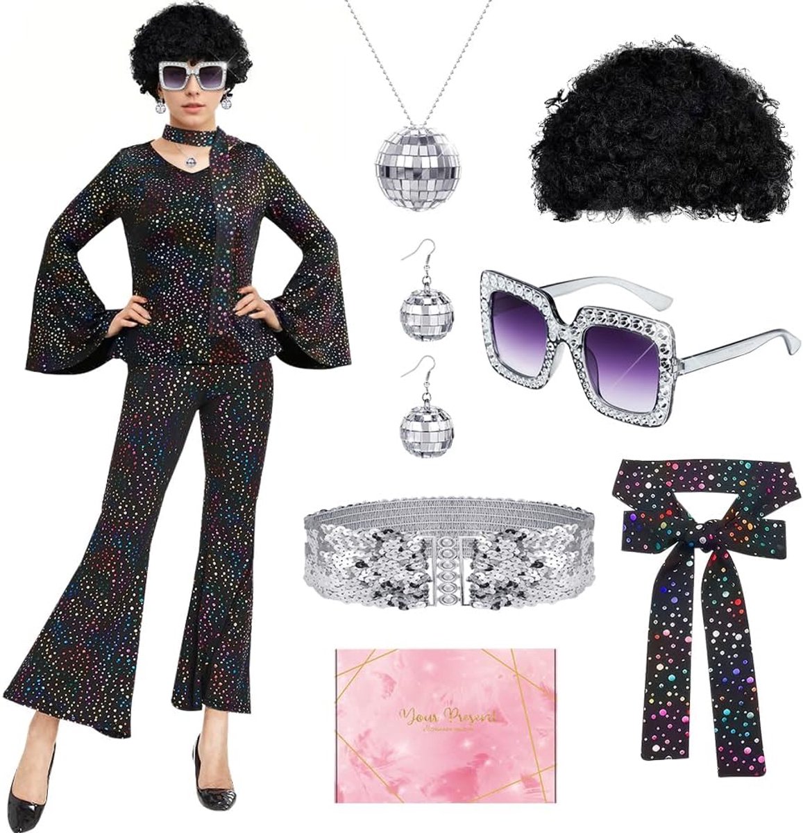 Discokostuum voor dames, jaren '70-kostuum, met disco-accessoires, halsketting, oorbellen, carnavalskostuums voor Halloween, verjaardag, feest, cosplay