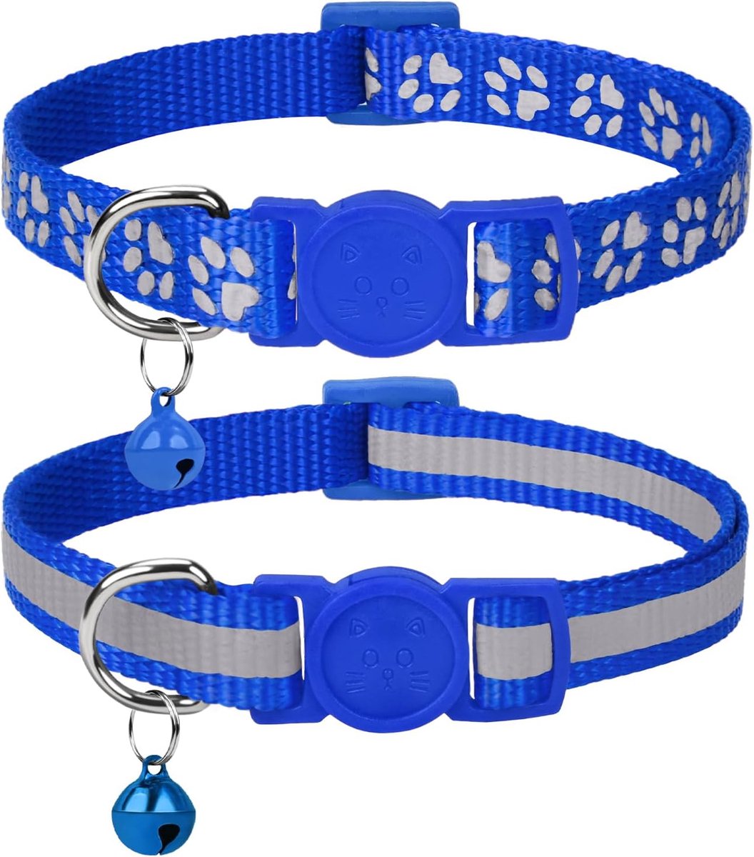 Reflecterende kattenhalsband met bel en veiligheidsontgrendeling, 2-pack meisje jongen huisdier kitten halsbanden verstelbaar 19-32 cm marineblauw