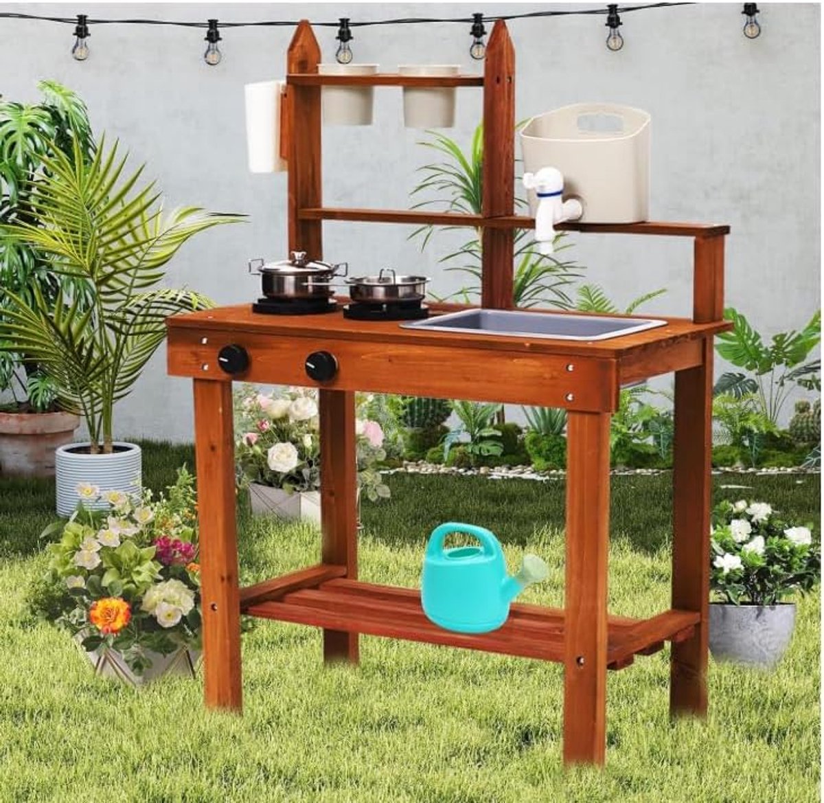 Speelgoedkeuken voor kinderen – Robuuste houten speelkeuken met accessoires – Creatief zand- en modderspeelgoed voor buiten – Perfect voor tuin, strand of zandbak – Natuurgeïnspireerd spelen