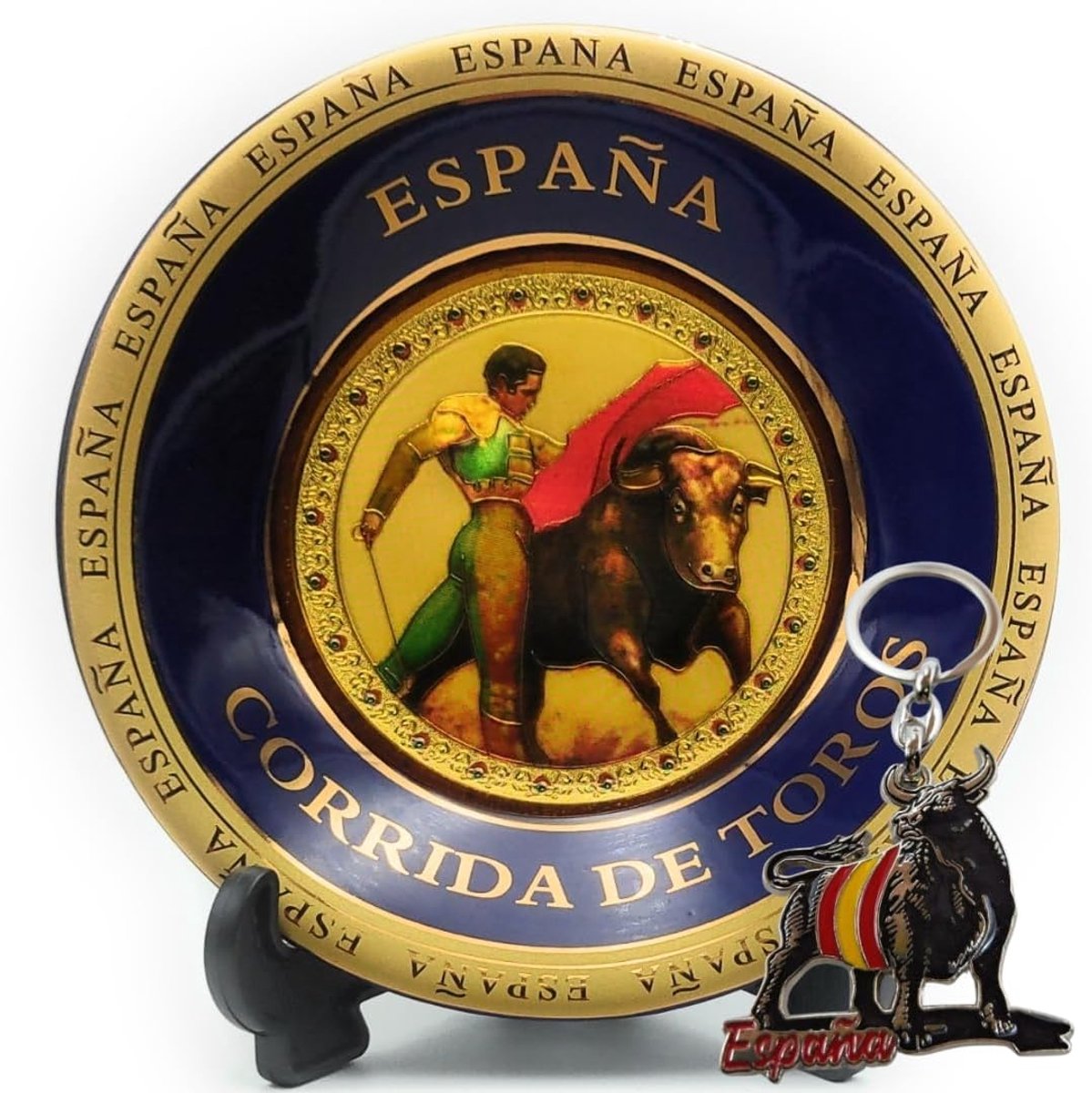 Bord Spanje stierengevecht + sleutelhanger souvenir stier (incl. standaard en haak om op te hangen) | origineel cadeau voor liefhebbers van de Spaanse cultuur en Stierkunst (Torero)