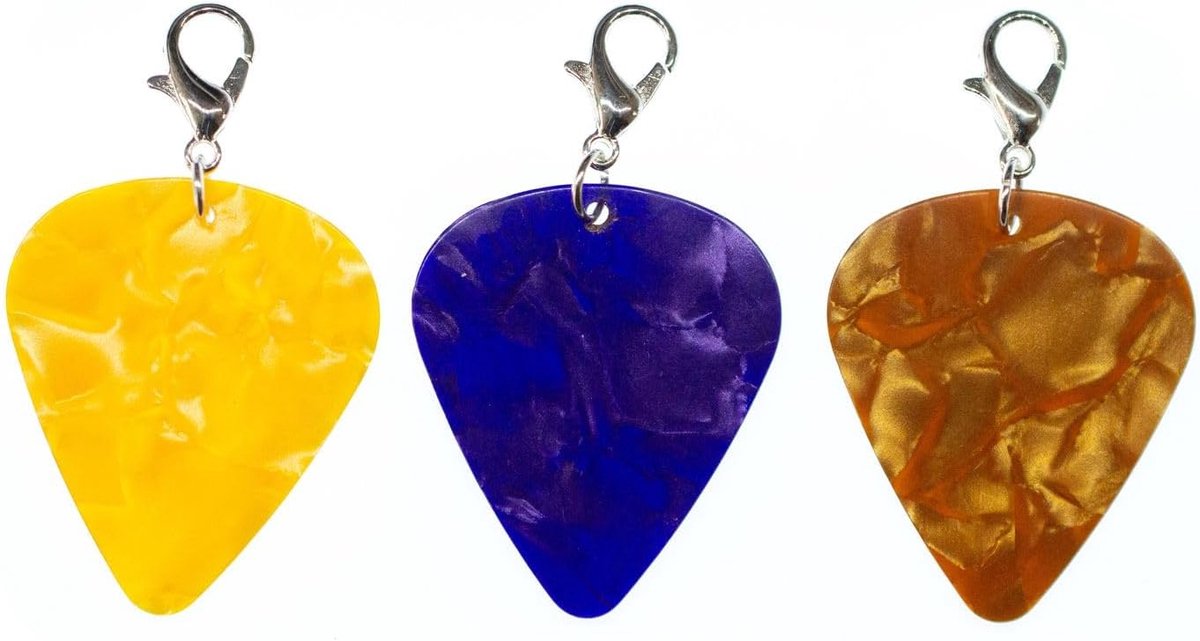 3 x plectrum charm band muziek kleurrijke plectrums gitaar - handgemaakte modesieraden I kettinghanger verzilverd - bedelarmband - hanger voor armband, 30 mm, Kunststof Metaal