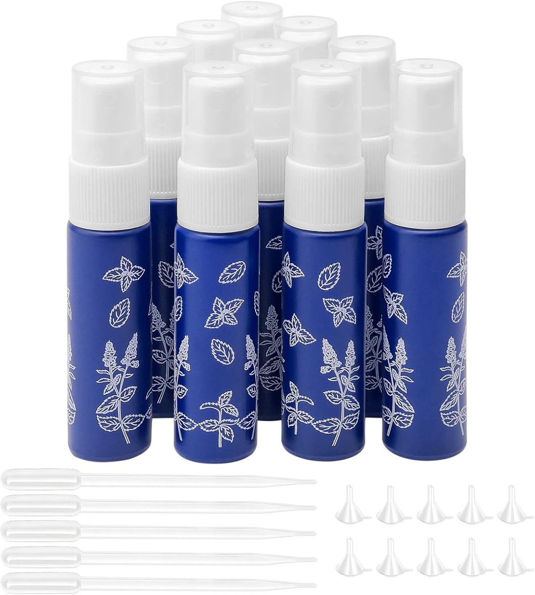 10 stuks 10 ml blauwe parfums spuitflessen, dispenser verstuiver, glazen lege buis reisformaat navulbare monstercontainer voor verschillende vloeistoffen op waterbasis met 10 stuks trechters+5