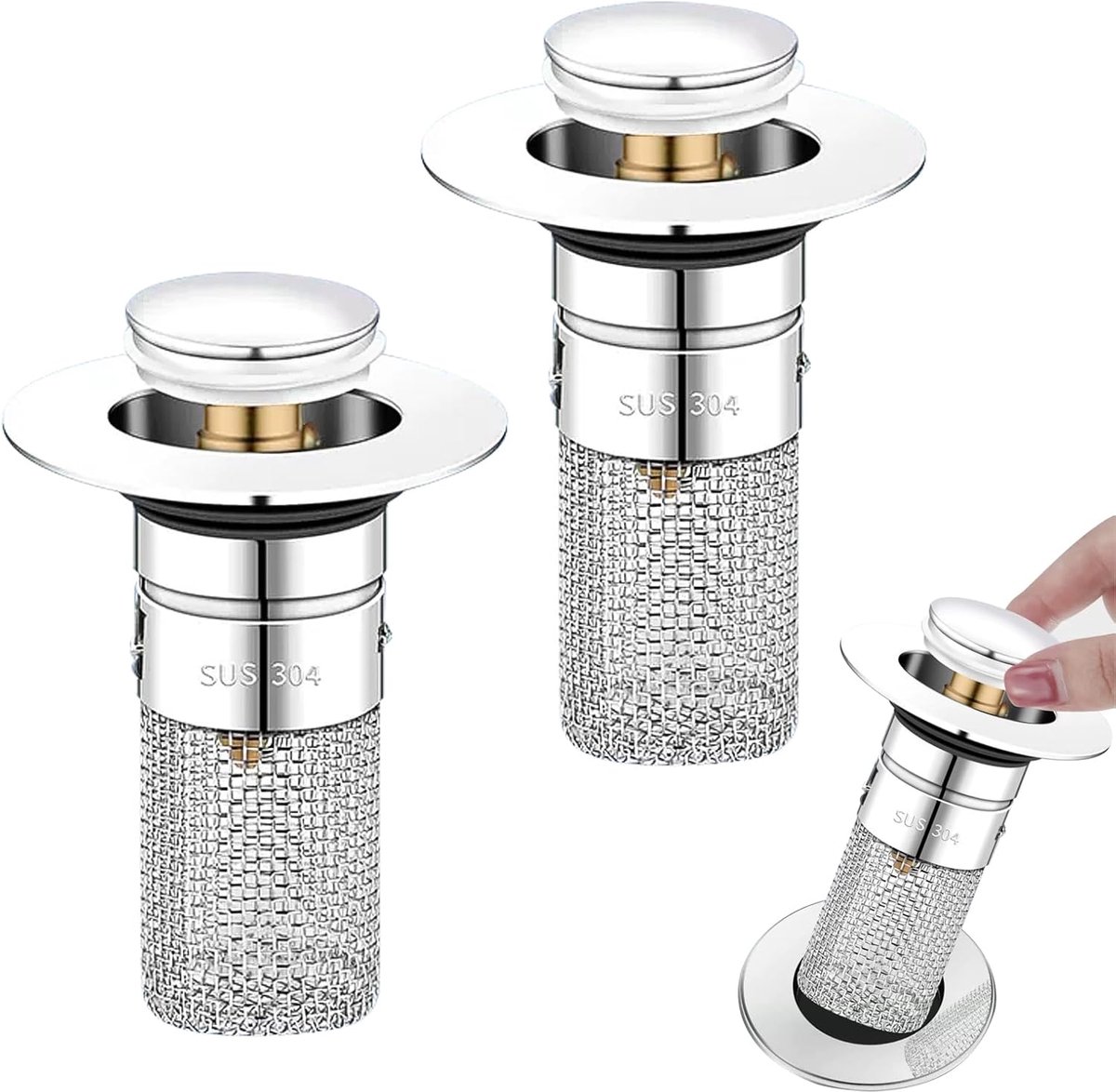 Stopper afvoerstop 2 stuks 34 - 40 mm pop-up afvoerstop universeel met haarzeef, stop, wastafel afvoerstop roestvrij staal wastafel stop voor wastafel