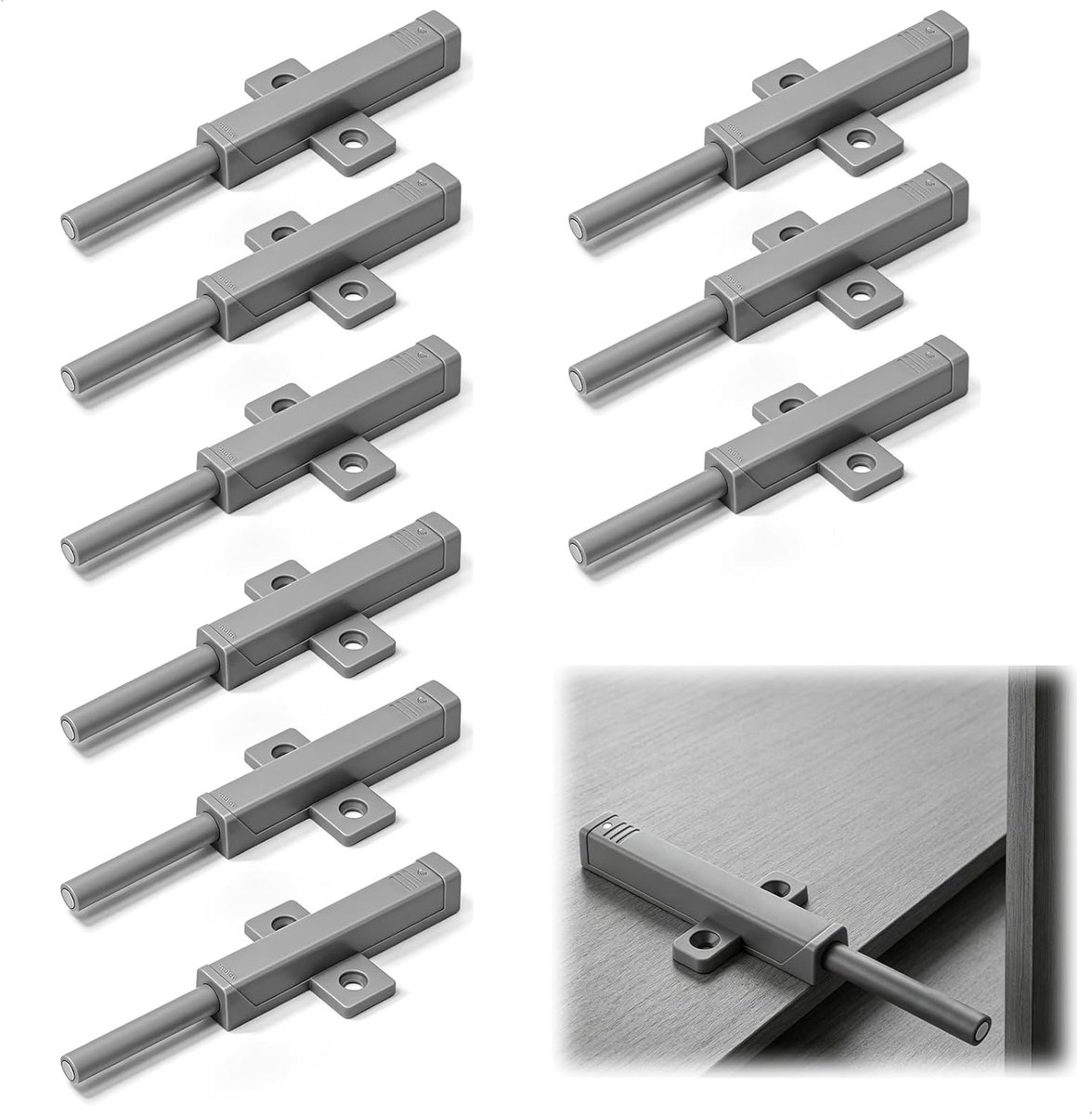 To Open drukknop kastdeur, met montageaccessoires, magnetische vergrendeling voor ladekast, stil sluitsysteem, herbruikbaar, grijs, 10 stuks