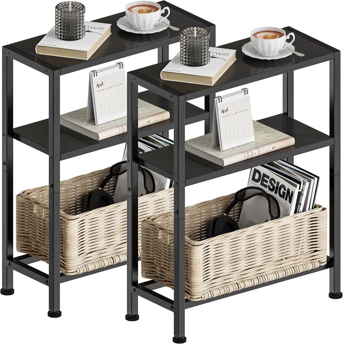 Bijzettafel Nachtkastje met 3 Opbergvakken, Bijzettafel voor de Bank voor Ruimtes, Geschikt voor de Woonkamer, Slaapkamer, Keuken & Balkon, Werkkamer (2, Zwart)
