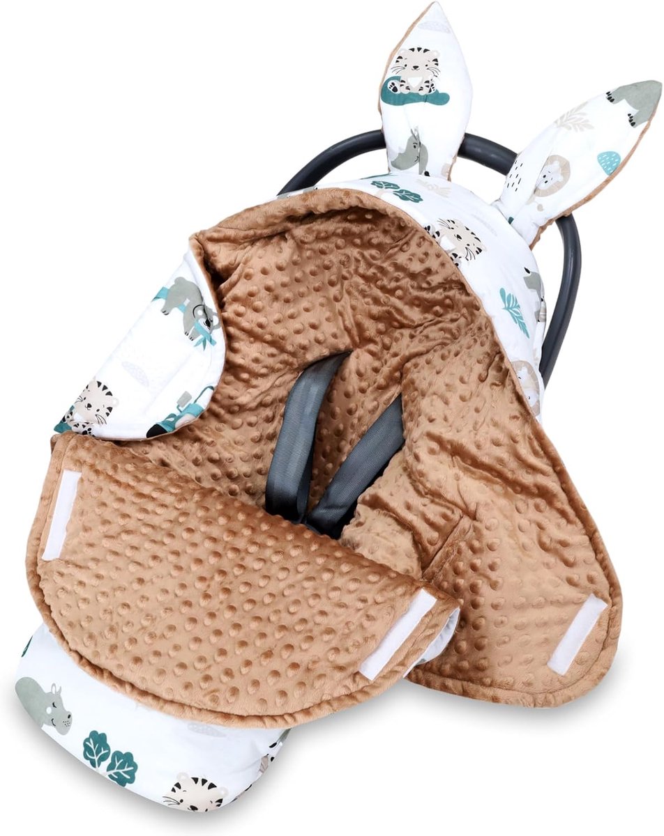 Konijnenoren geboortecadeau – schattige Minky knuffeldeken dubbelzijdig met capuchon –voor autostoel kinderwagen 3- en 5-puntsgordel 90×90 cm Minky Afrika bruin Oeko-Tex