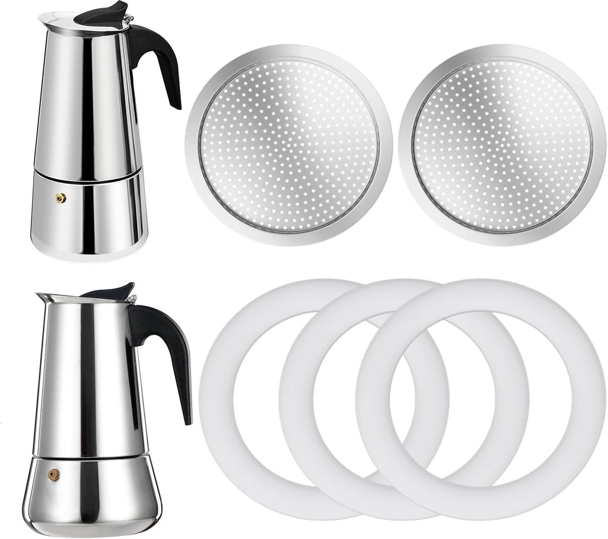 2 stuks filters met 3 stuks siliconen afdichtingen voor espressomachine 6 kopjes voor fornuis reserveonderdelen voor Big Tummy en Straight Mokka pot van roestvrij staal