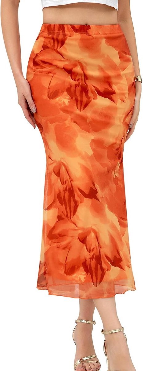 Rokken voor dames, elastisch, hoog getailleerd, met elastische band, midi-net, zomer, elegante visstaart, zoom met binnenvoering, bodycon, feestrok