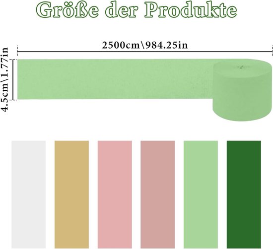 6 rollen bruiloftsdecoraties, feestdecoraties, groen, goud, kaki, crêpepapier, slingers voor bruidsfeest, babyfeest, vrijgezellenfeest, verjaardag, jubileum, achtergronddecoraties