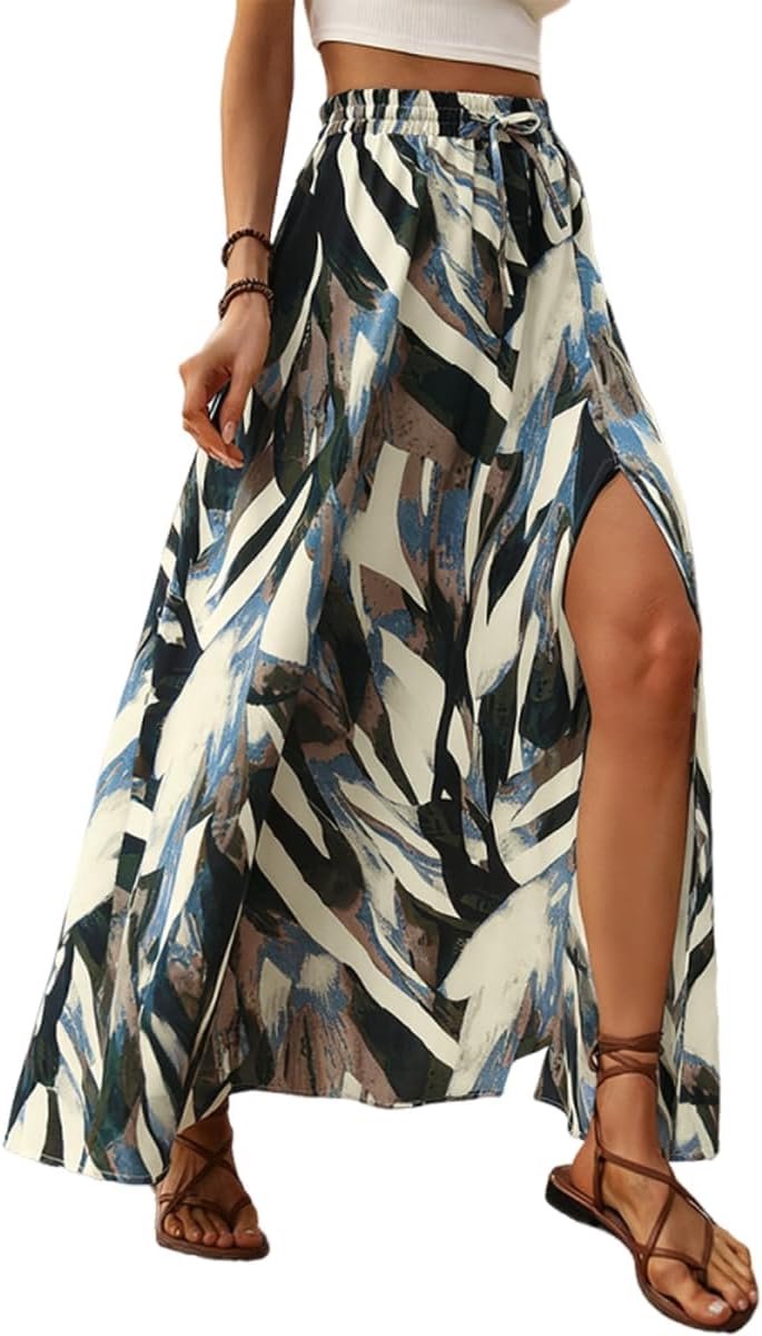 Elegante rok voor dames, bedrukte maxirok, zomerrok met split, A-lijn, zomer, maxi-rok, elastische hoge taille, strandrok, vrijetijdsrok