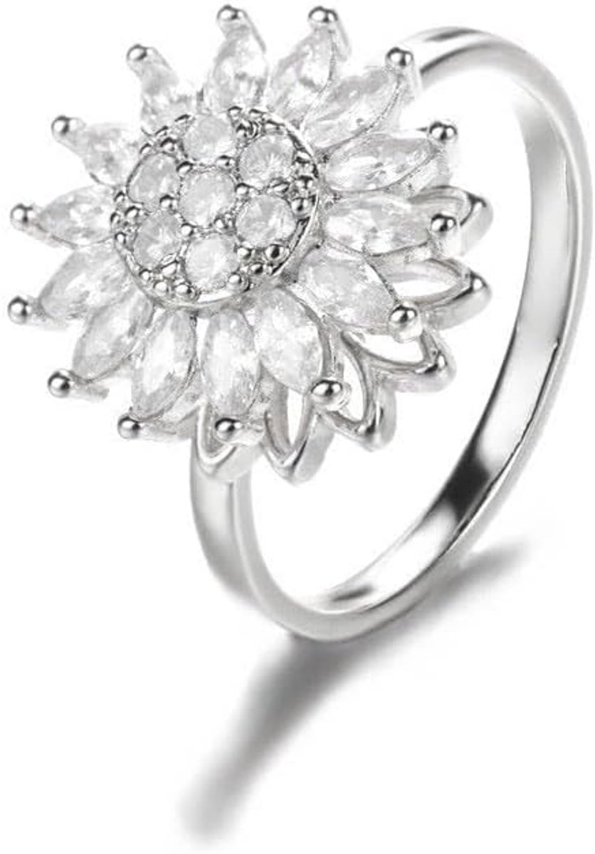 Ring, zonnebloem, strass, verstelbaar, open, voor dames, cadeau voor meisjes, dochter, moeder of vrouw (zilver)