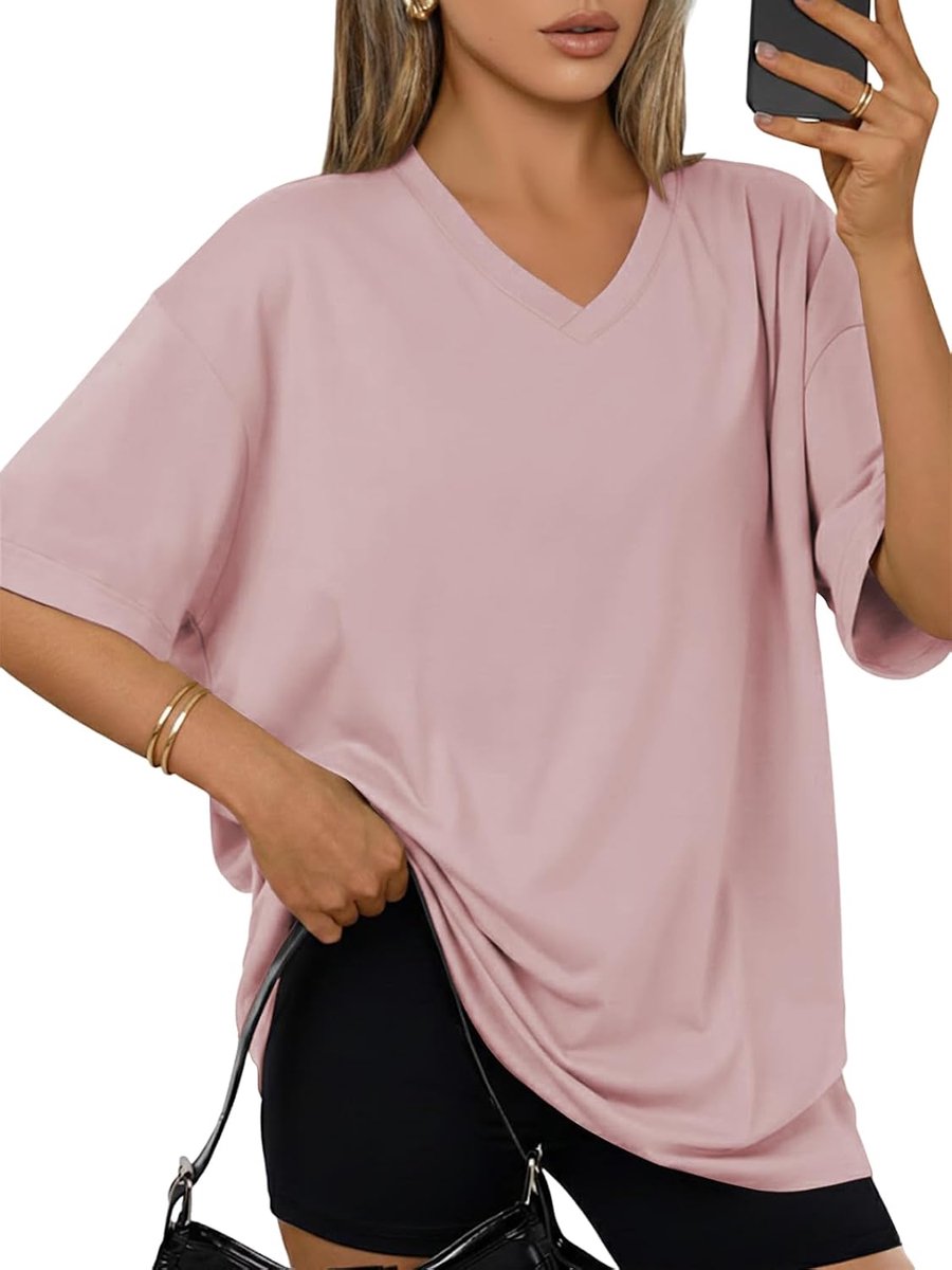 T-shirt dames V-hals oversized bovenstuk basic losse korte mouwen tuniek dames zomer lang shirt met split effen top