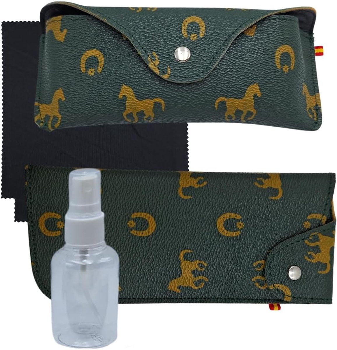 Verpakking met 2 brillenkokers, één voor de riem en een om mee te nemen in tas, handtas of auto. Inclusief 2 doeken en lege houder voor het reinigen van je bril. Uniseks etui.
