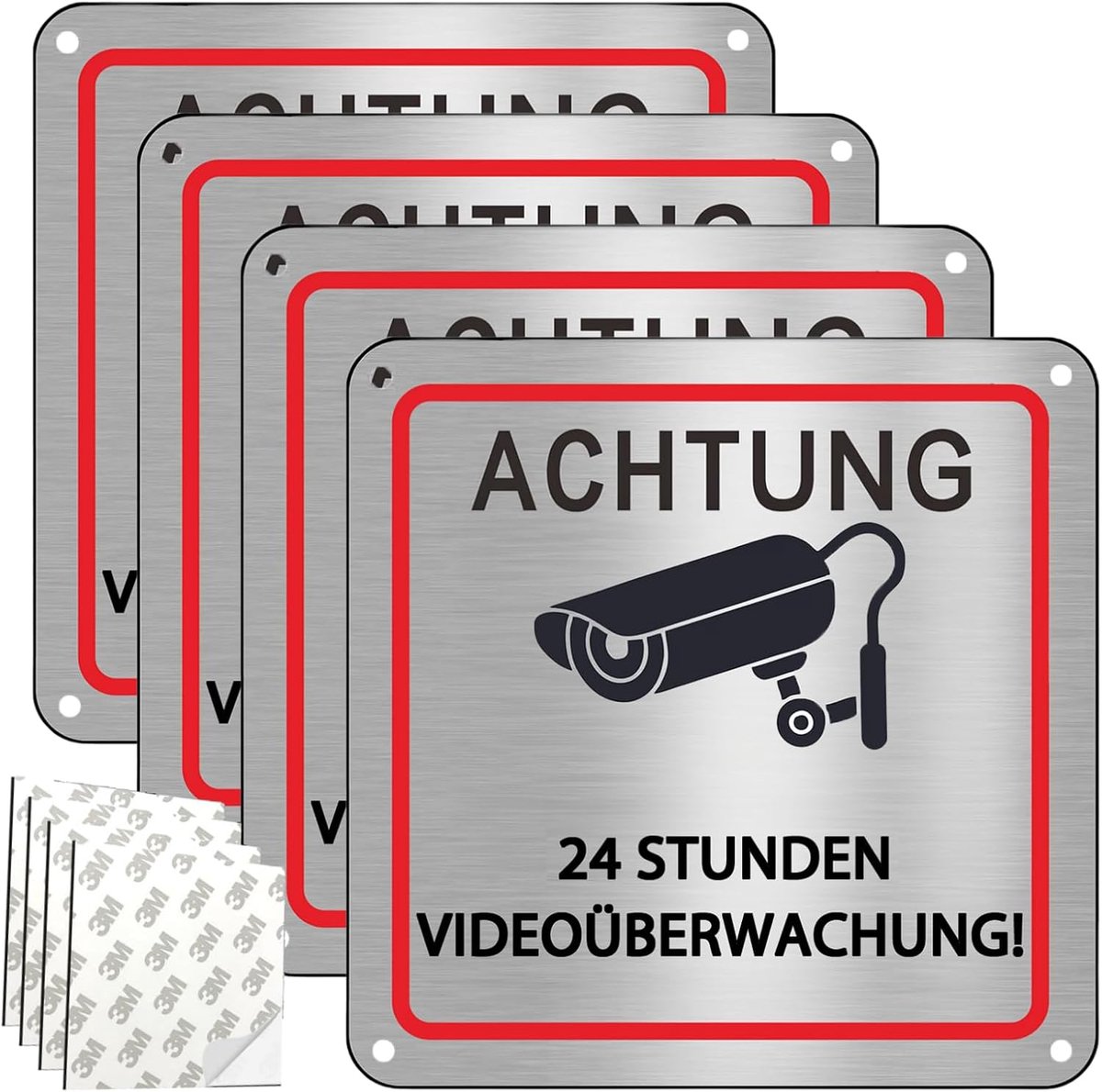4 stuks videobewaking bord 15 x 15 cm aluminium bord videobewaking privéperceel met zelfklevende stickers en 4 boorgaten let op 24 uur camerabewaking
