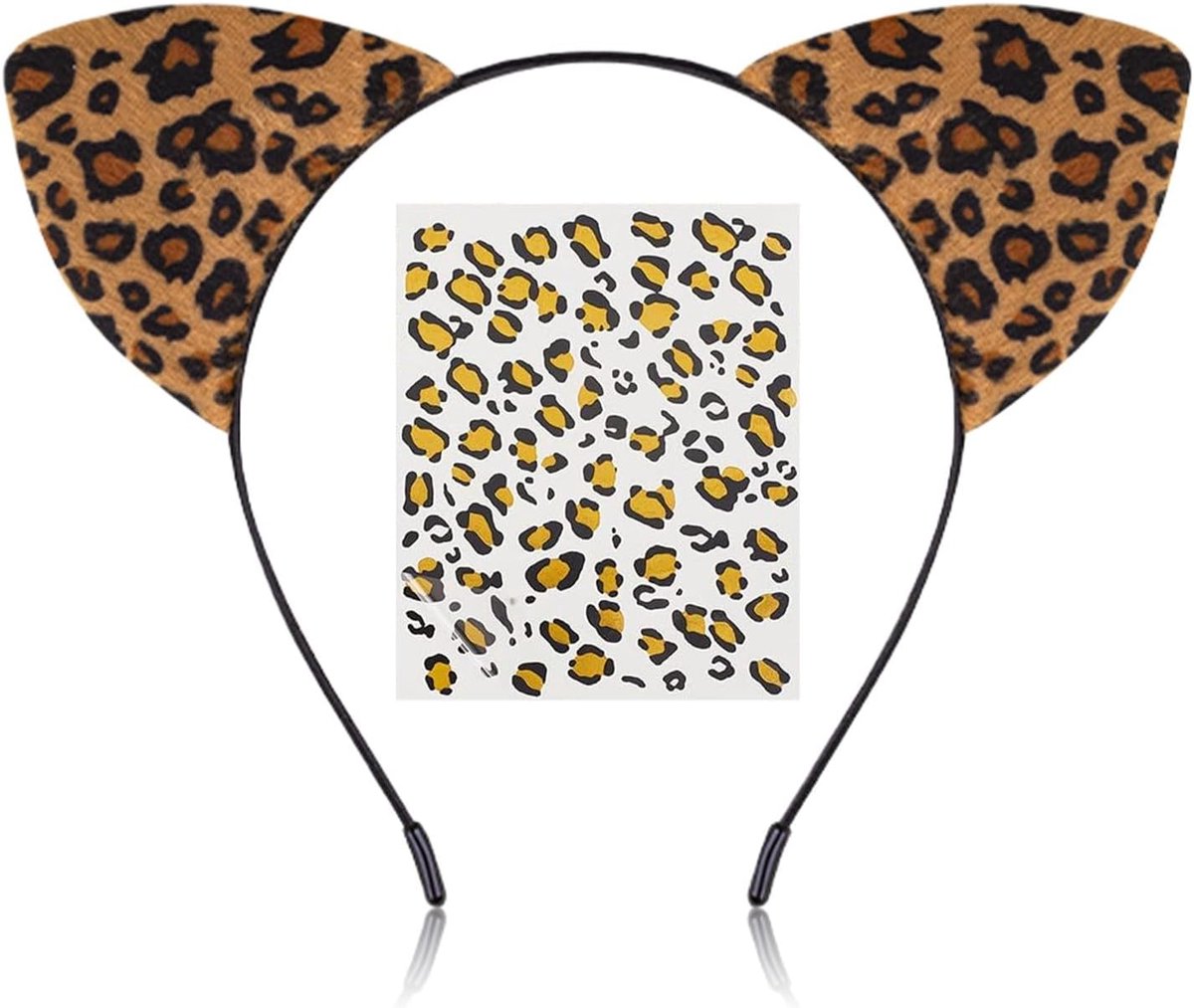 Luipaardoren voor dames, luipaardkostuum, volwassenen, set, luipaardhaarband, dierenhaarband, luipaardoren, hoofdband met luipaardtattoostickers, carnavalskostuum, carnavalskostuum, voor vrouw