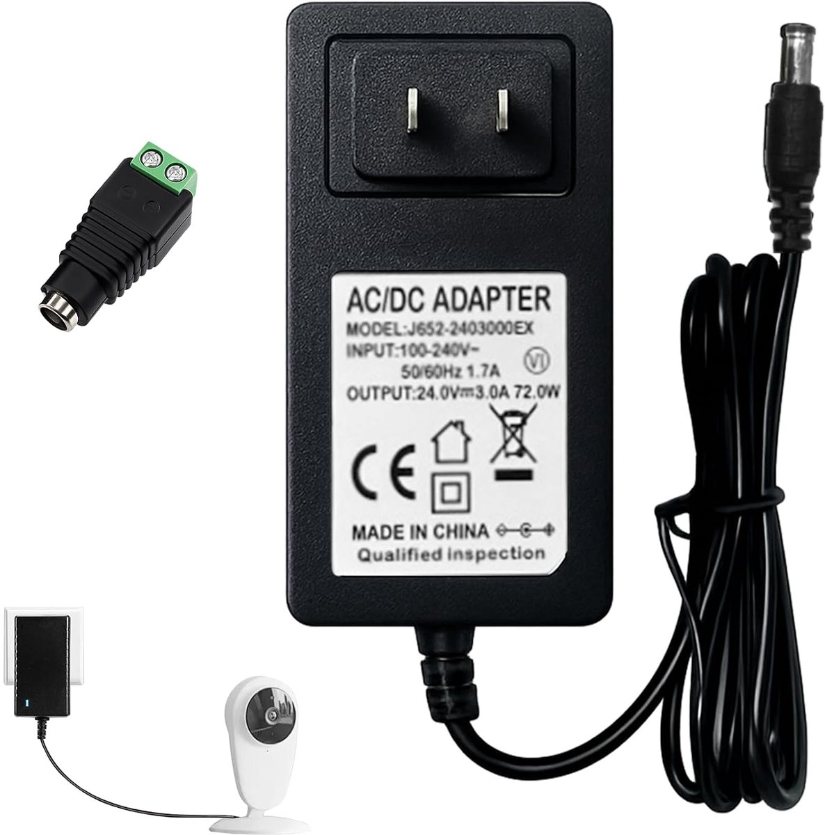 24 V voeding 3 A 72 W stekkervoeding, voeding transformator AC 100-240 V naar DC 24 V, led-voeding 24 V eurostekker 5,5 × 2,5 mm + 2,1 mm adapter voor ledstrips router