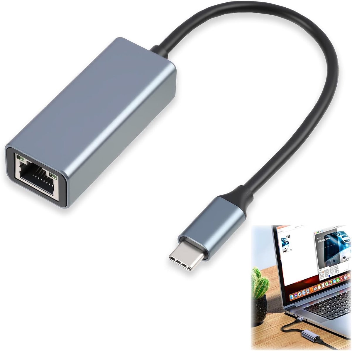 USB C netwerkadapter, Thunderbolt Gigabit USB C naar Ethernet naar RJ45 adapter, compatibel met iPhone 17 16 15 Pro Max, MacBook Air Pro, Galaxy S25 Ultra, Surface, Tab S9 (grijs)