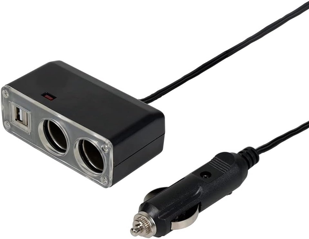 Oplader voor sigarettenaansteker - Stekkerdoos voor sigarettenaansteker - Met dubbele USB-poort en 2 poorten 12V + 2 USB 5V 1000mA poorten - Lengte: 1.25m - Geschikt voor het opladen van