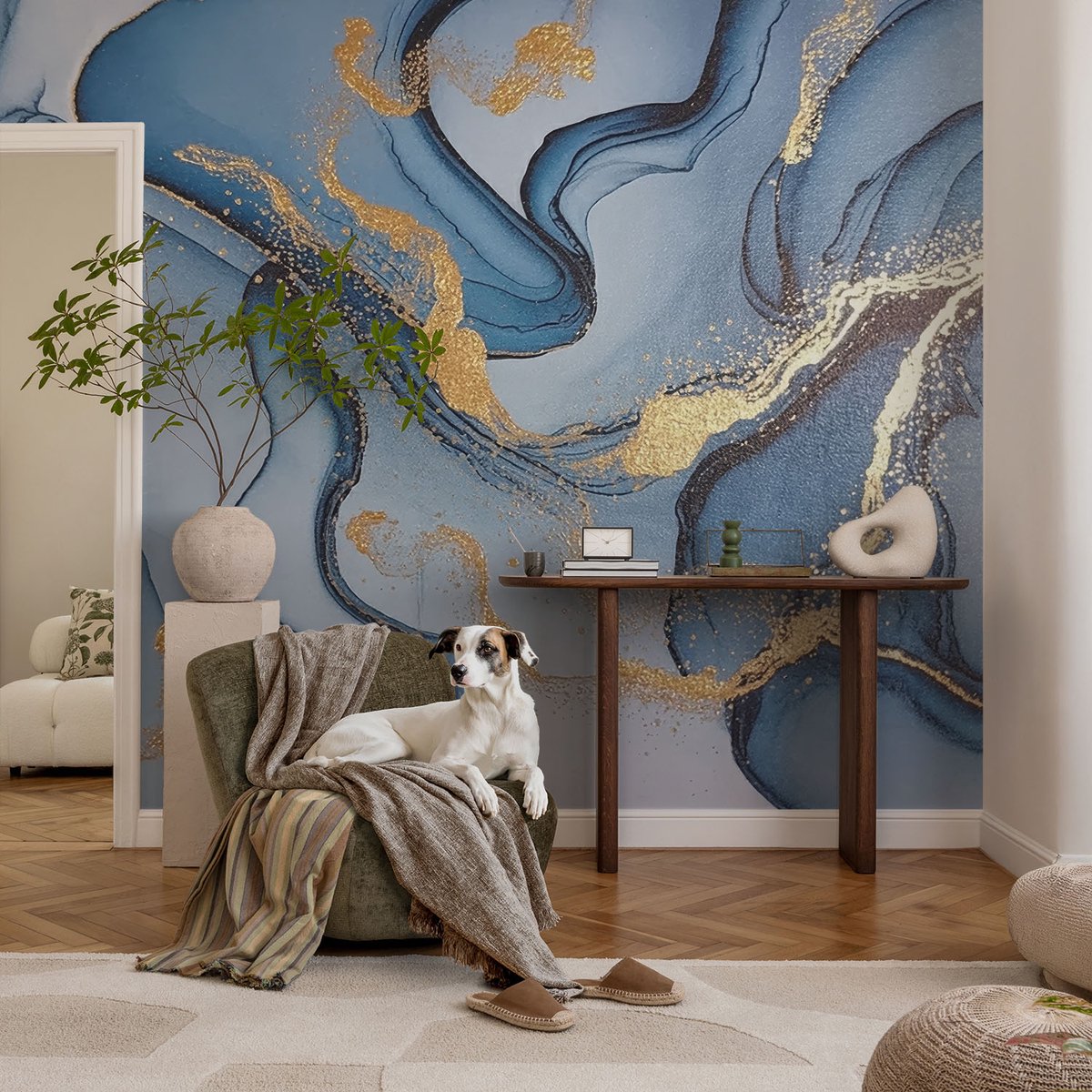 Coloray Vliesbehang - Blauw Snellijm Behang - 104x70 cm - Blauwe Golven Muurschildering - Gang behang Abstractie - Fotobehang Vlies - Slaapkamer behang