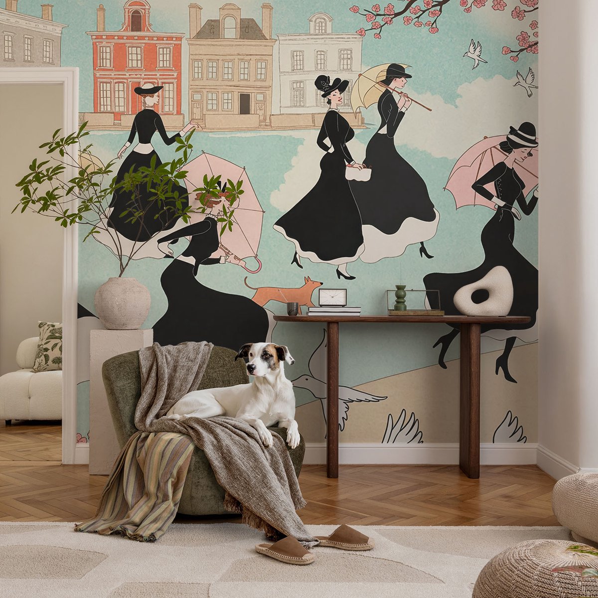 Coloray Vliesbehang - Zwart Snellijm Behang - 104x70 cm - Vrouwen Die Lopen Fotobehang Vlies - Hal behang Mensen - Muurschildering - Hal behang