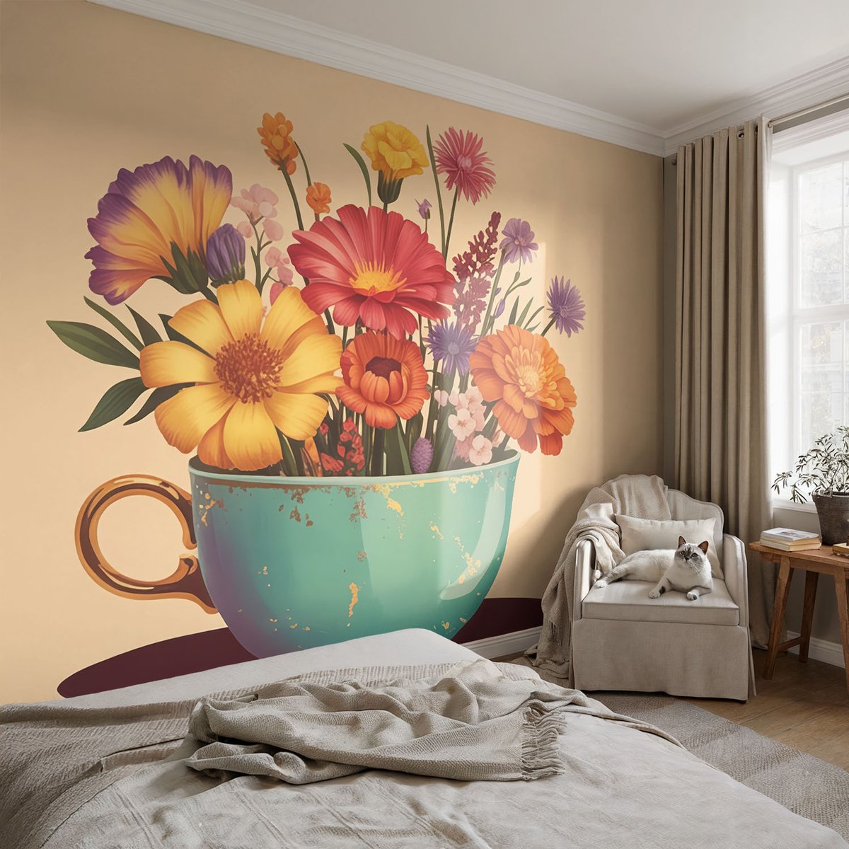 Coloray Vliesbehang - Beige Snellijm Behang - 104x70 cm - Een Kleurrijk Boeket Muurschildering - Gang behang Bloemen En Planten - Fotobehang Vlies - Slaapkamer behang