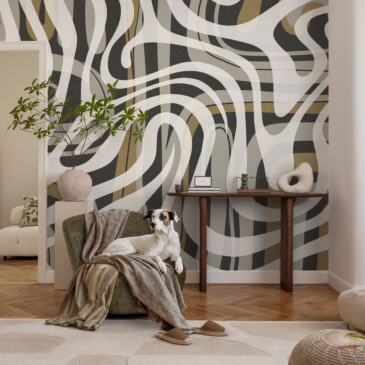 Coloray Vliesbehang - Wit Snellijm Behang - 104x70 cm - Abstracte Lijnen Fotobehang Vlies - Woonkamer behang Abstractie - Muurschildering - Woonkamer behang