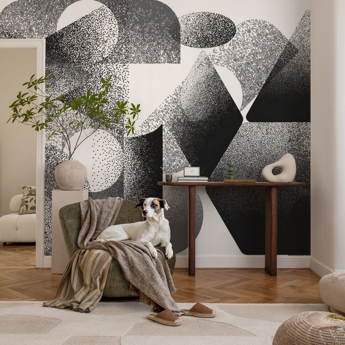 Coloray Vliesbehang - Zwart-Wit Snellijm Behang - 104x70 cm - Geometrische Vormen Fotobehang Vlies - Woonkamer behang Abstractie - Muurschildering - Woonkamer behang
