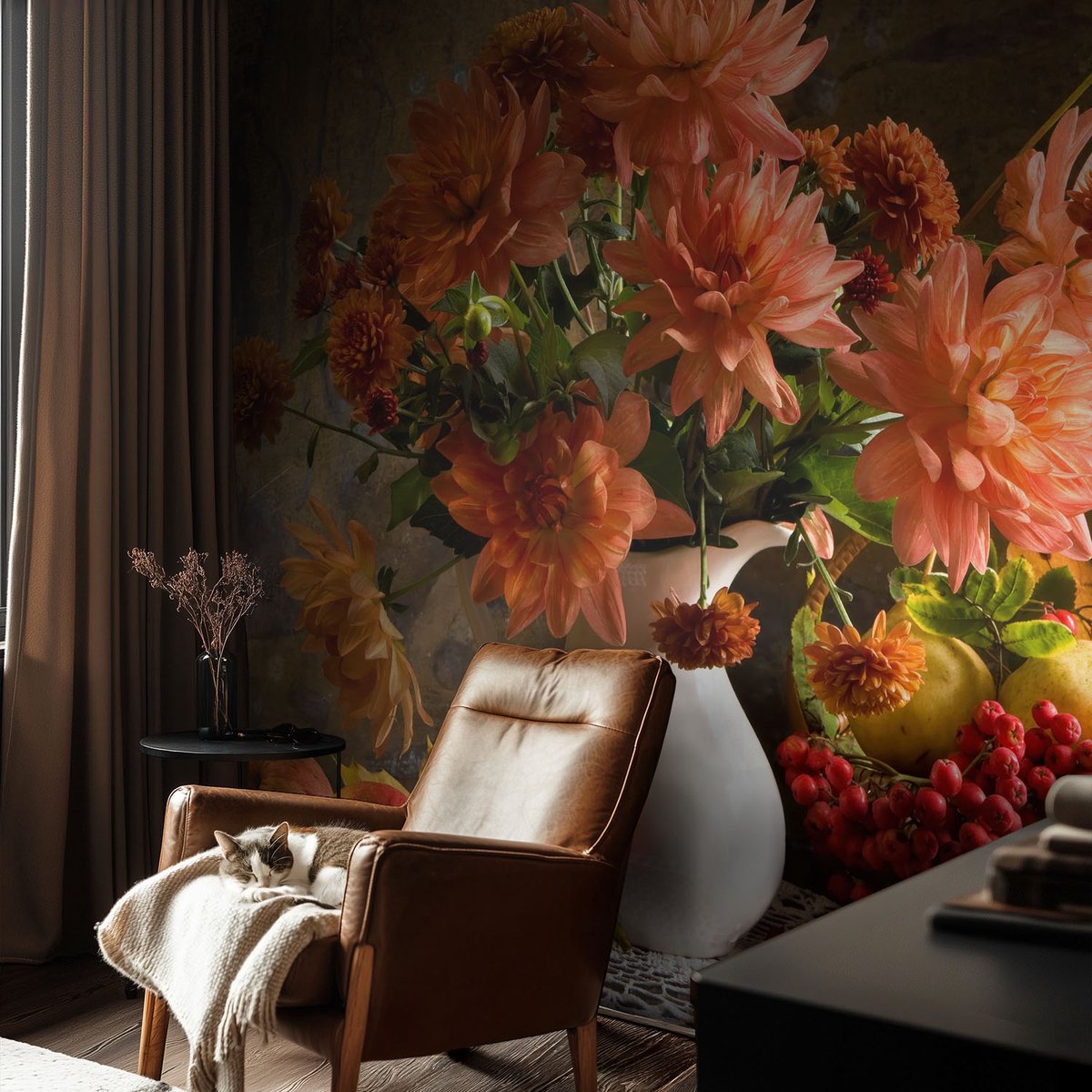 Coloray Vliesbehang - Oranje Snellijm Behang - 104x70 cm - Herfstcompositie Muurschildering - Gang behang Bloemen En Planten - Fotobehang Vlies - Gang behang