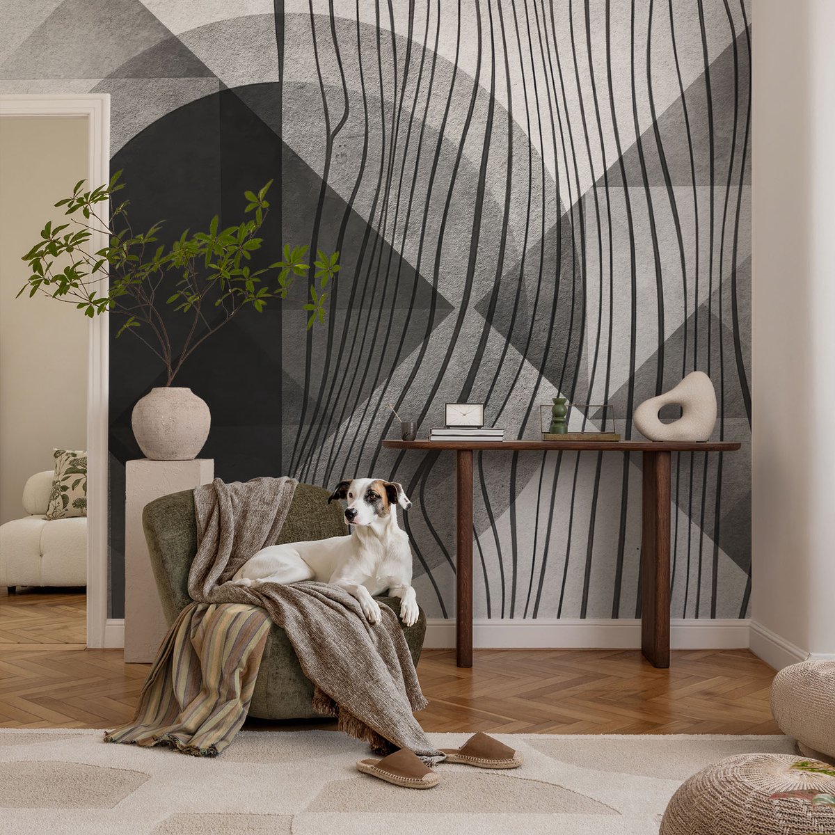 Coloray Vliesbehang - Zwart-Wit Snellijm Behang - 104x70 cm - Abstracte Vormen Fotobehang Vlies - Woonkamer behang Abstractie - Muurschildering - Woonkamer behang