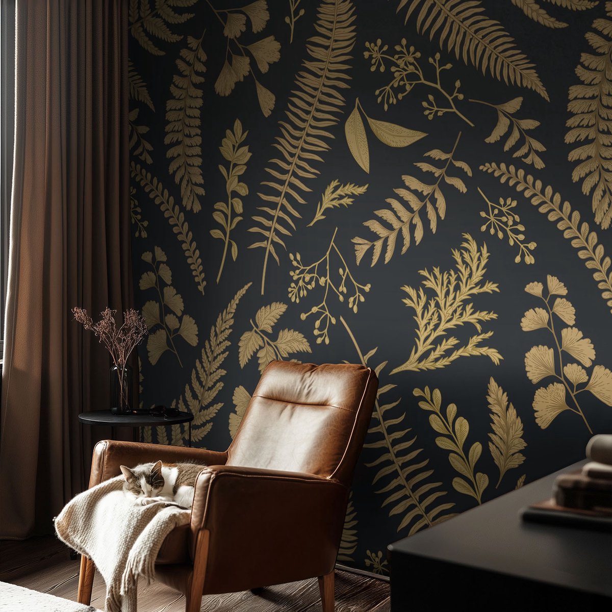 Coloray Vliesbehang - Zwart Snellijm Behang - 104x70 cm - Botanische Bladeren Fotobehang Vlies - Hal behang Bloemen En Planten - Muurschildering - Woonkamer behang