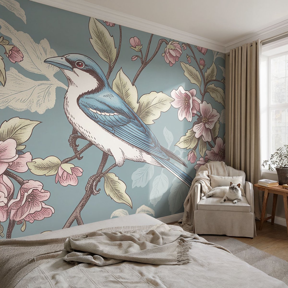 Coloray Vliesbehang - Blauw Snellijm Behang - 104x70 cm - Lente Harmonie Muurschildering - Gang behang Dieren - Fotobehang Vlies - Slaapkamer behang