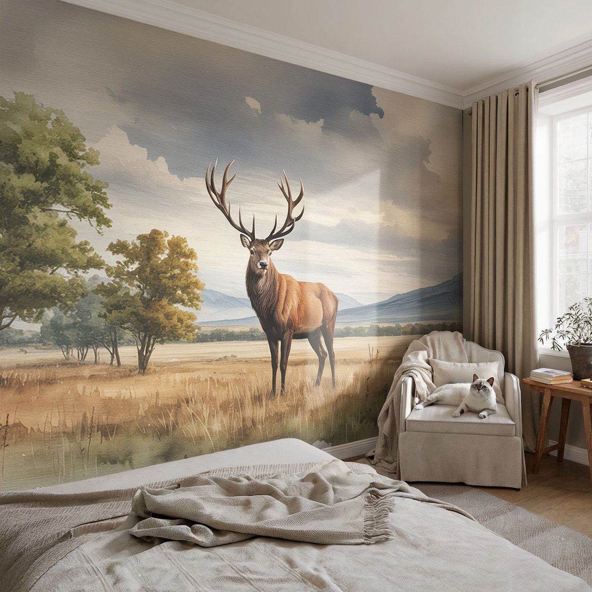 Coloray Vliesbehang - Grijs Snellijm Behang - 104x70 cm - Majestueuze Herten Muurschildering - Slaapkamer behang Landschappen - Fotobehang Vlies - Slaapkamer behang