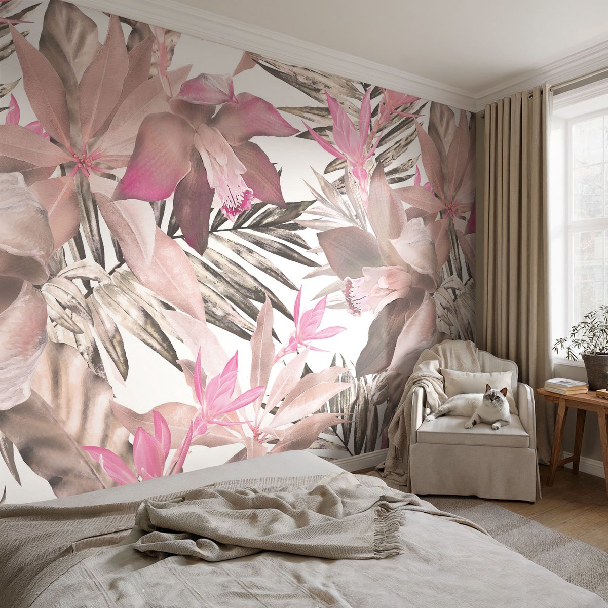 Coloray Vliesbehang - Bruin Snellijm Behang - 104x70 cm - Exotische Bloemen Muurschildering - Slaapkamer behang Bloemen En Planten - Fotobehang Vlies - Gang behang