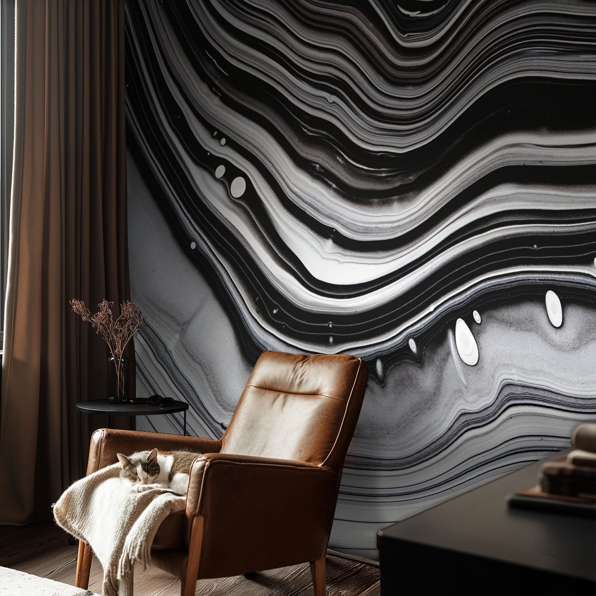 Coloray Vliesbehang - Zwart-Wit Snellijm Behang - 104x70 cm - Optische Golven Muurschildering - Slaapkamer behang Achtergronden En Patronen - Fotobehang Vlies - Slaapkamer behang