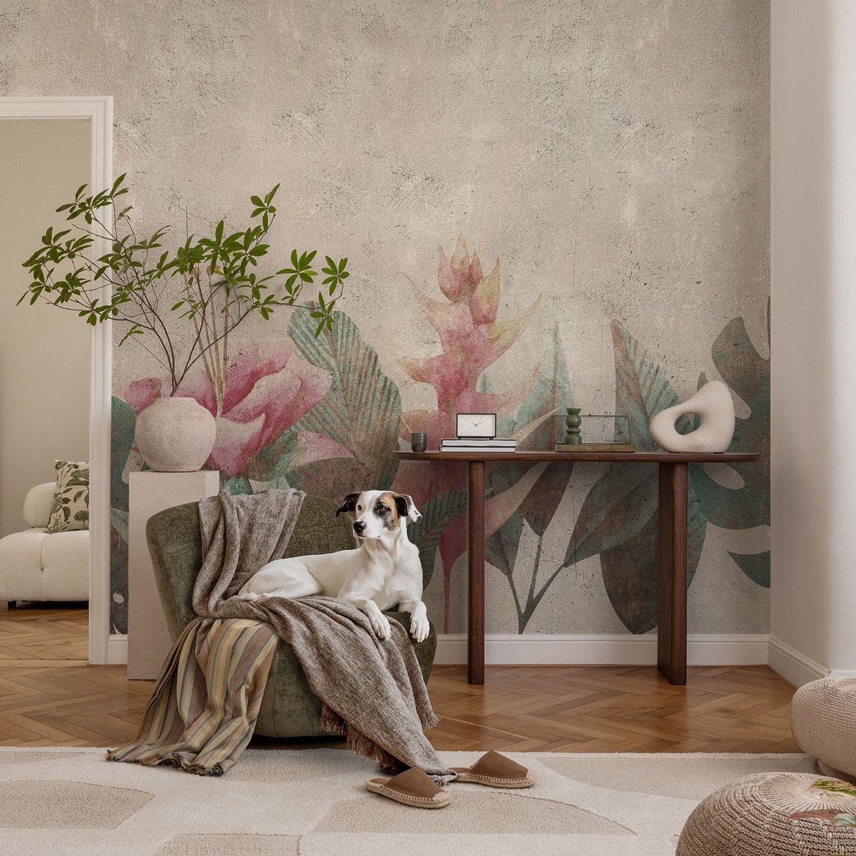 Coloray Vliesbehang - Beige Snellijm Behang - 104x70 cm - Subtiele Flora Muurschildering - Gang behang Bloemen En Planten - Fotobehang Vlies - Slaapkamer behang
