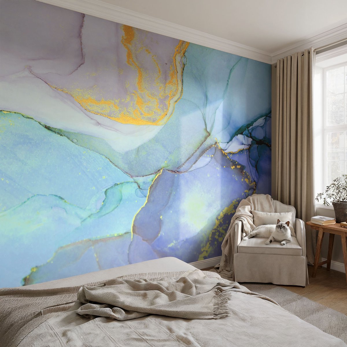 Coloray Vliesbehang - Blauw Snellijm Behang - 104x70 cm - Aquarelvormen Fotobehang Vlies - Hal behang Abstractie - Muurschildering - Hal behang