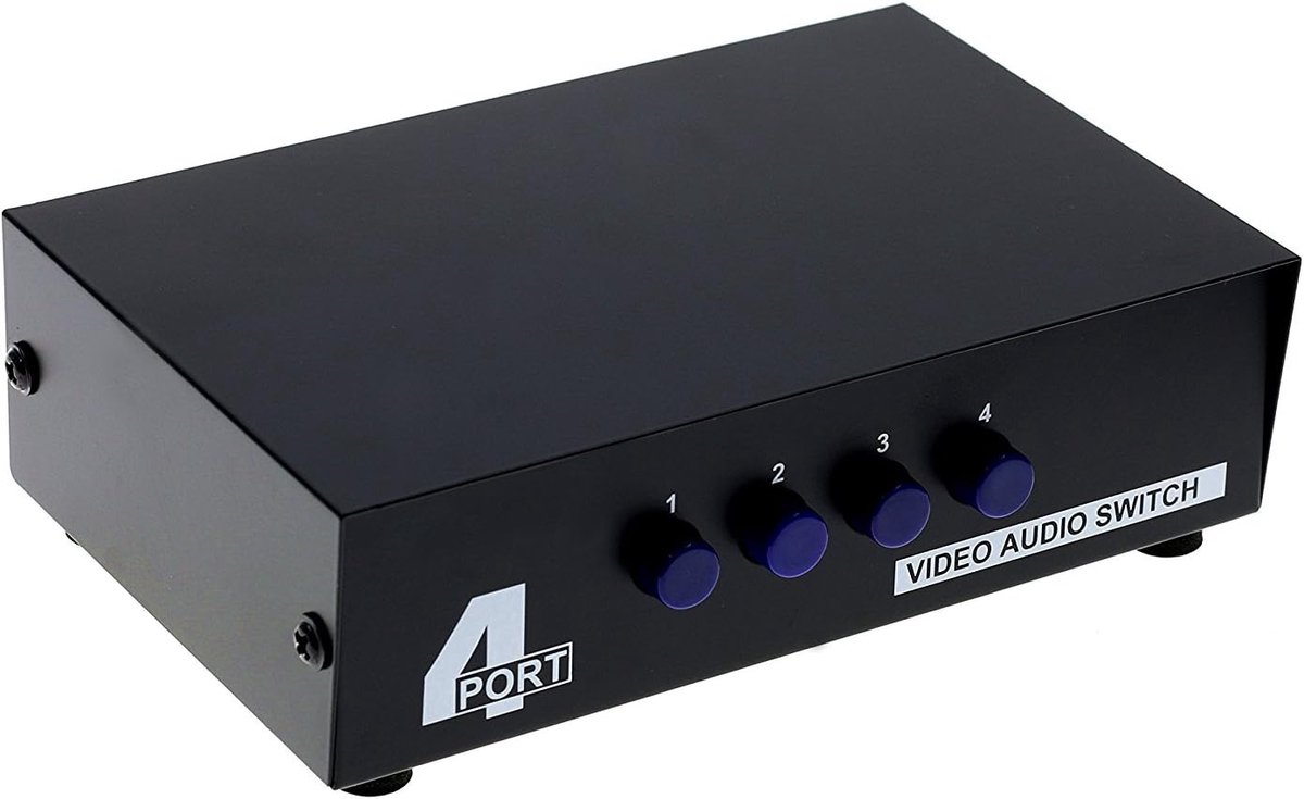 4-weg AV-schakelaar RCA-schakelaar 4 in 1 out composiet video L/R stereo audio selector box voor DVD STB gameconsoles, standaard RCA-connectoren, 4 ingang 1 uitgang, 4 DVD naar 1 tv, 4-poorts