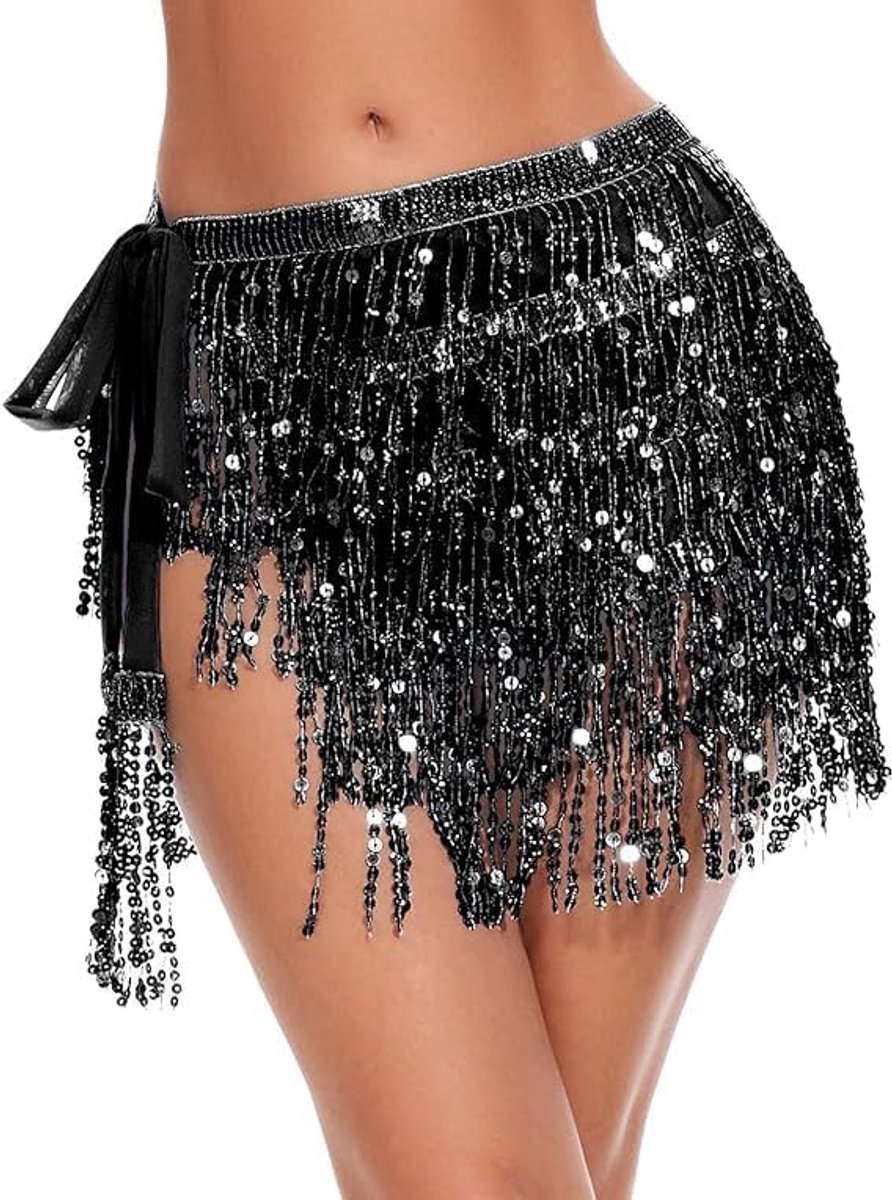 kwastrok voor dames, buikdansrok, kostuum met pailletten, rok met pailletten, glitterrok, warp pailletten franjerok, zwart, 23