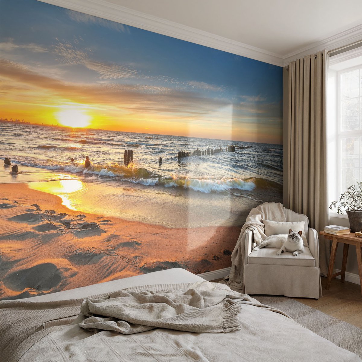 Coloray Vliesbehang - Geel Snellijm Behang - 152x104 cm - Zonsondergang Op Het Strand Muurschildering - Slaapkamer behang Landschappen - Fotobehang Vlies - Slaapkamer behang