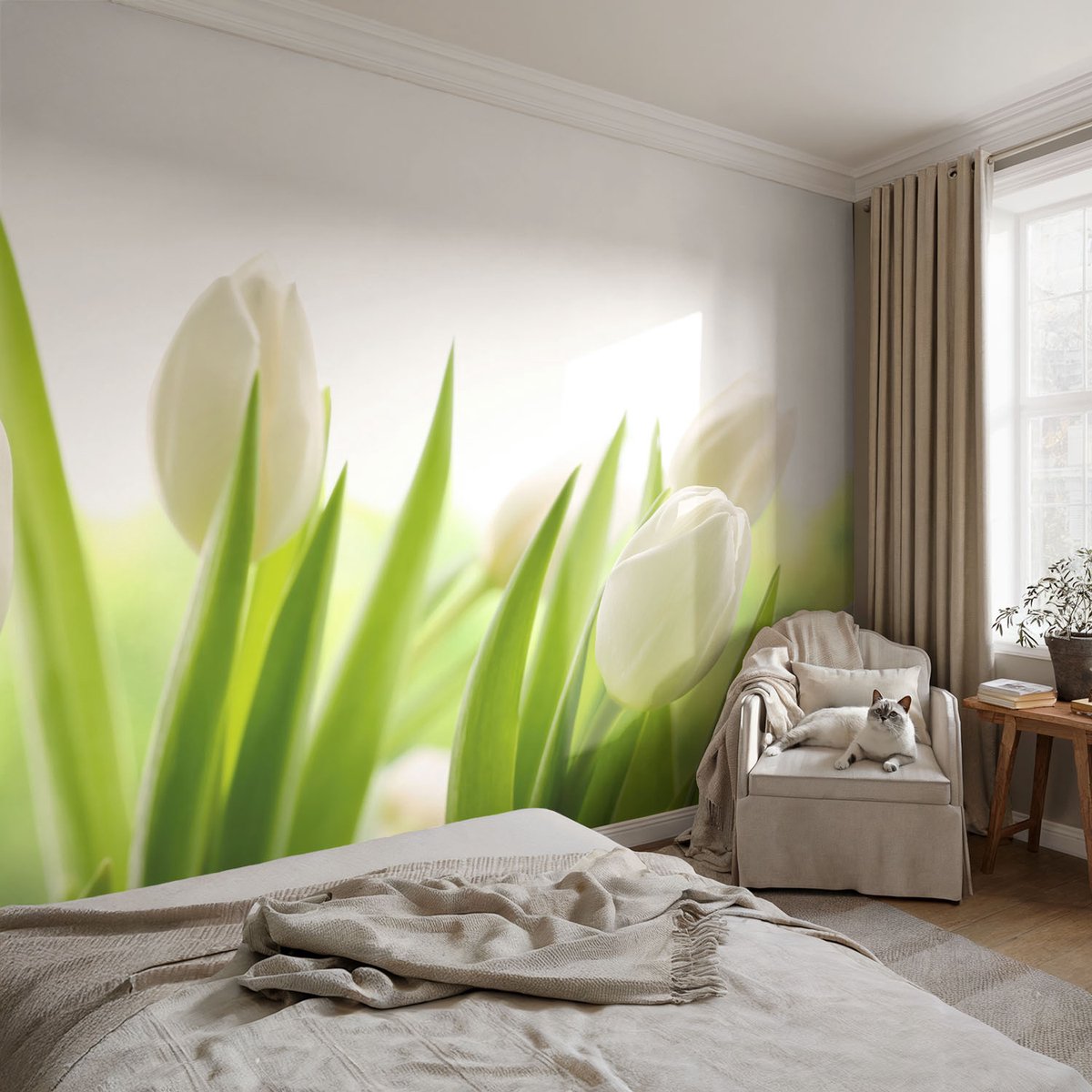 Coloray Vliesbehang - Wit Snellijm Behang - 152x104 cm - Witte Tulpen Muurschildering - Slaapkamer behang Bloemen En Planten - Fotobehang Vlies - Slaapkamer behang