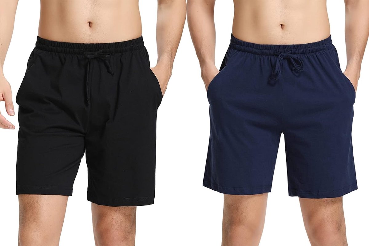 Pyjamabroek voor heren, set van 2, katoen, korte pyjamabroek, eenkleurig, loungwear, vrijetijdsbroek, shorty, nachtkleding, slaapshorts met 2 zakken, S-XXL, Stijl 5-zwart/blauw 2-pack, XXL