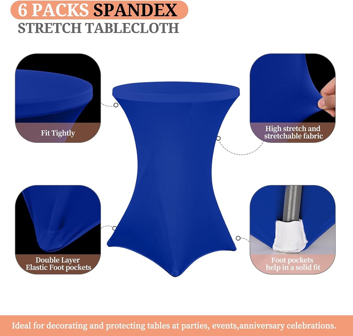 6 Pack spandex stretch cocktailtafelhoezen voor bistrotafels Ø 80-85 cm, blauw rond cocktailtafelkleed, spandex stretch bartafelhoezen voor ronde bartafels (80 × 110 cm, blauw)
