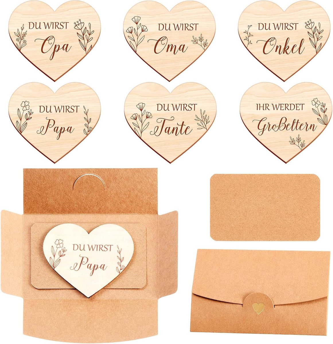 Zwangerschapsverklaring met 6 houten schijven van hart, 6 kaarten en 6 enveloppen, babyverrassing, aandenken cadeau voor zwangerschap, verkondiging voor oma, opa, papa, oom, tante grootouders