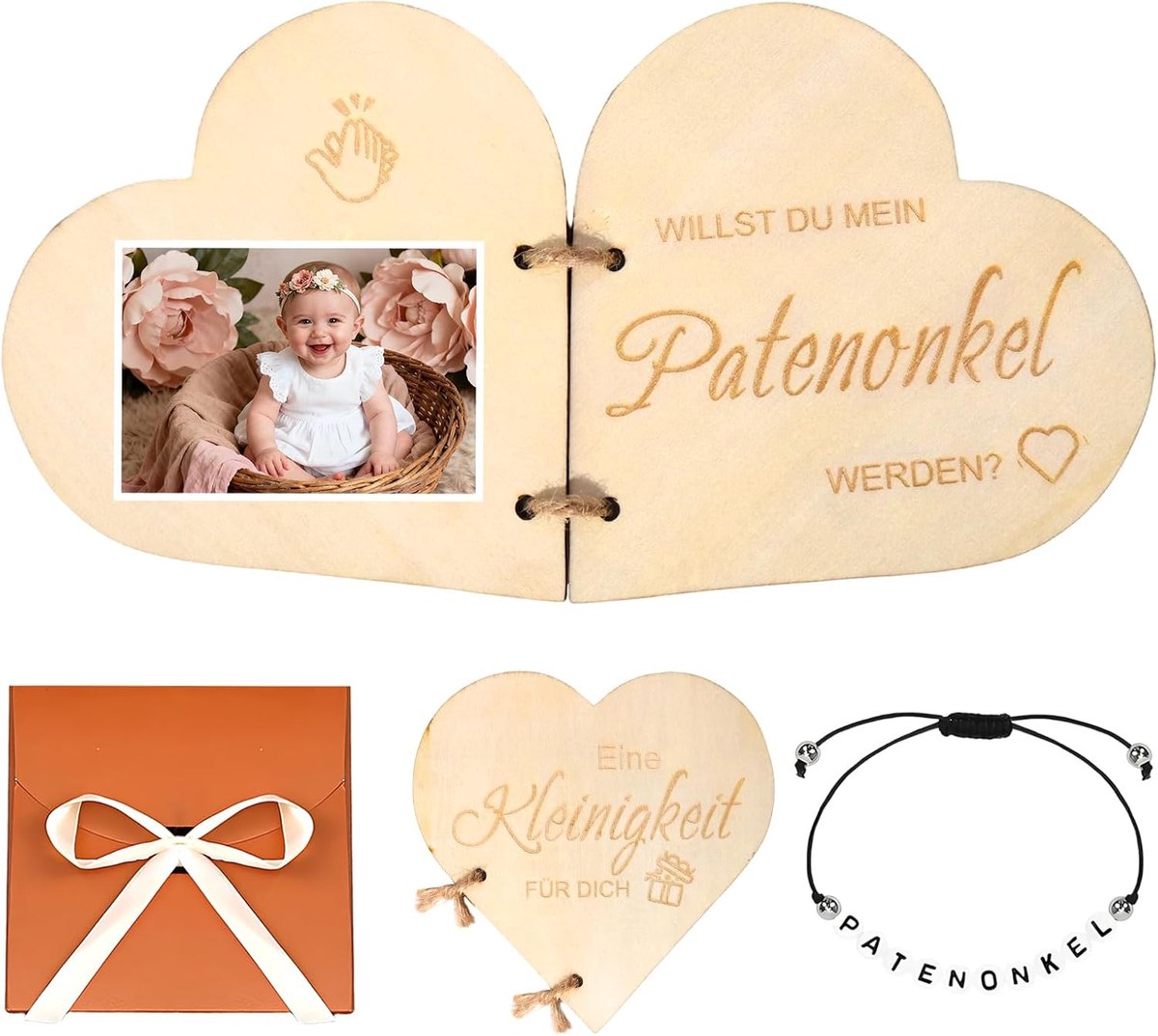 Vragen, cadeau, hartvorm, houten kaart met armband, wenskaart, Willst du My peetoom, peetvader worden, dooppaté, cadeaus voor vriend, mannen en vrouwen (patencadeau)