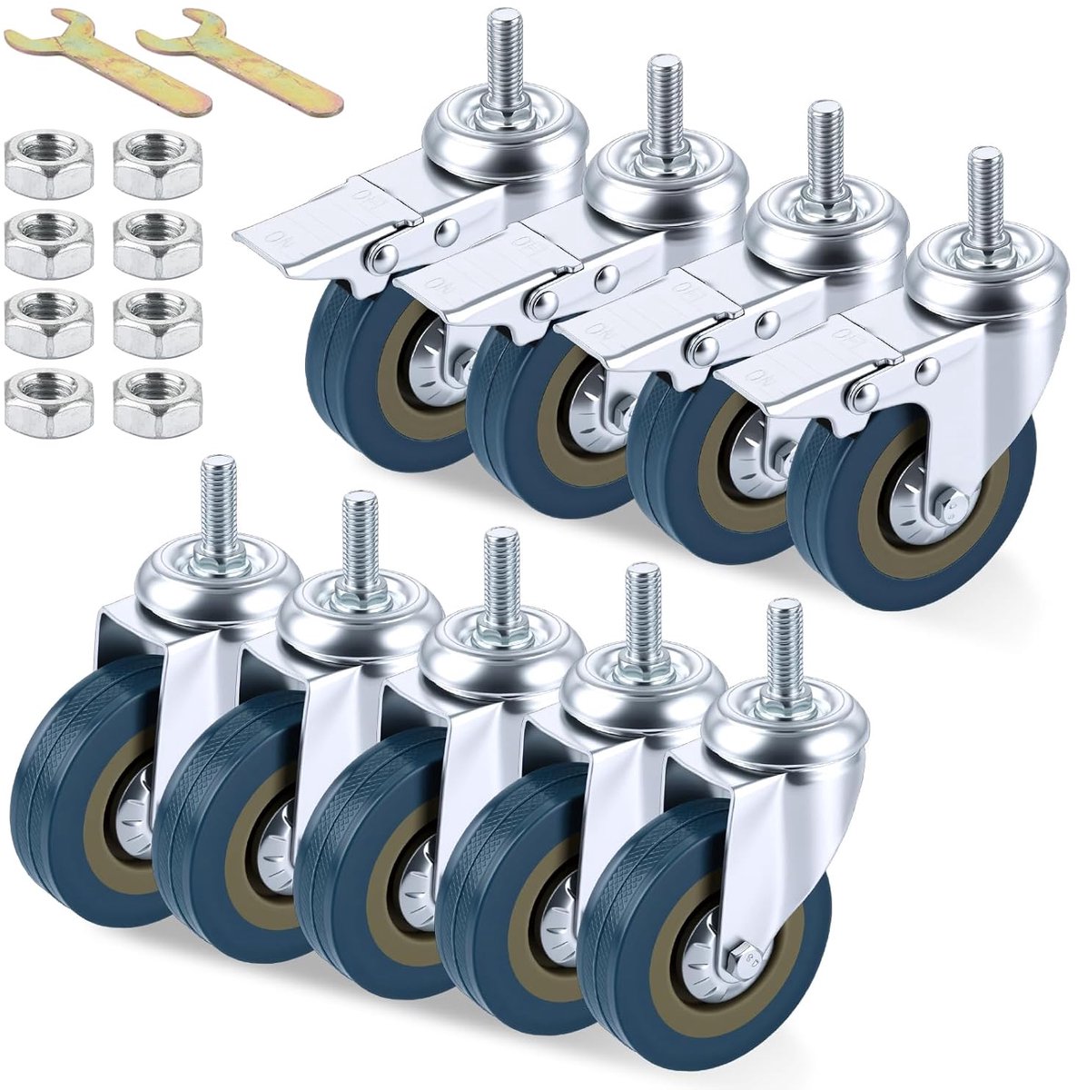 Zwenkwielen met rem, meubelwielen, M10 x 25 mm, zware belasting van koudgewalst staal, voor meubels en werkplaats, belastbaar (4 verzendwielen + 4 remwielen)